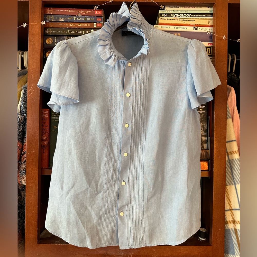 Women’s Polo Ralph Lauren Blue High Collar Short Sleeve Blouse.